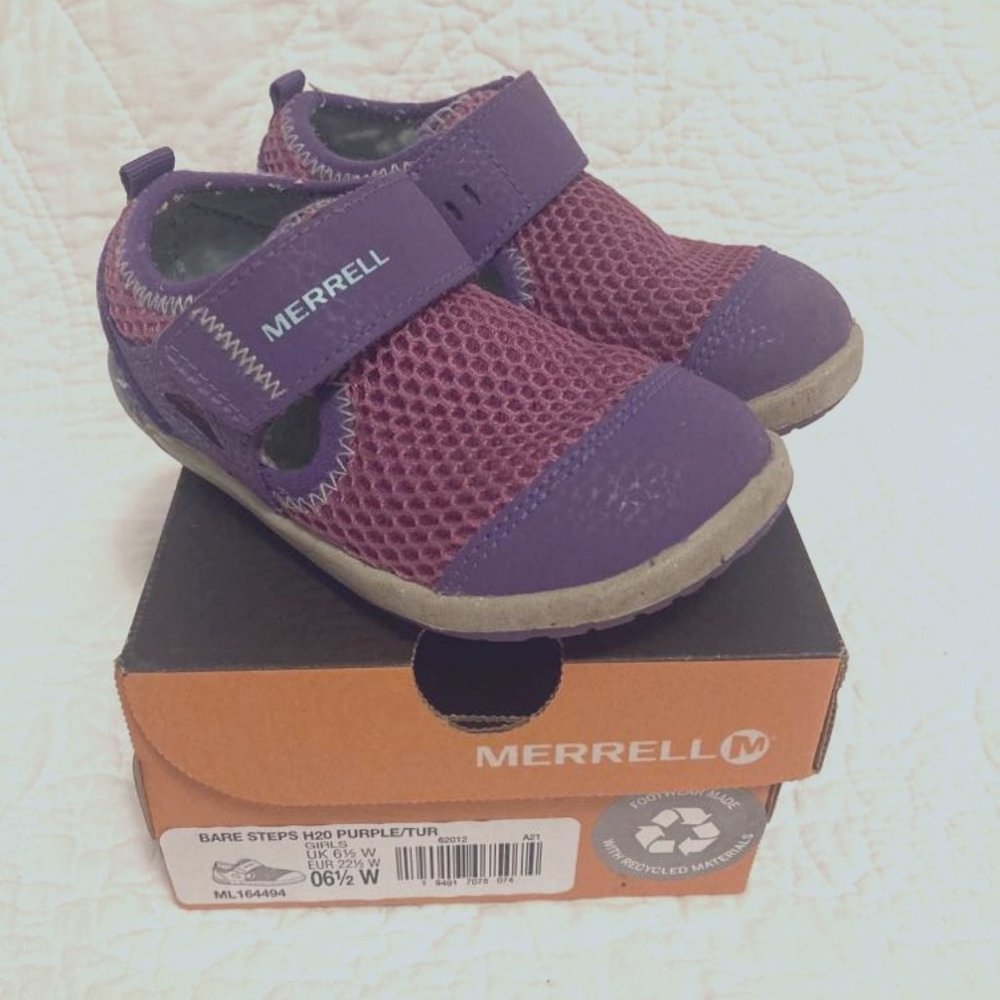 Size 6.5W toddler Merrell Bare Steps H20 Purple/Turquoise